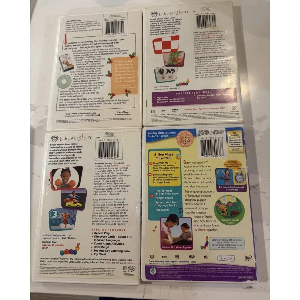Baby Einstein 4 Disc DVD Lot Early Learning Words Counting Music Educational Kid